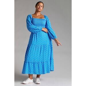 Dolan Anthropologie Blue Polka Dot Smocked Midi Dress Puff Sleeve Size L